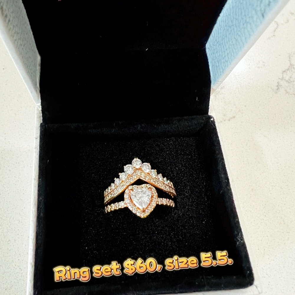 Pandora Rose Gold Heart & Crown Crystal Stackable Ring Set